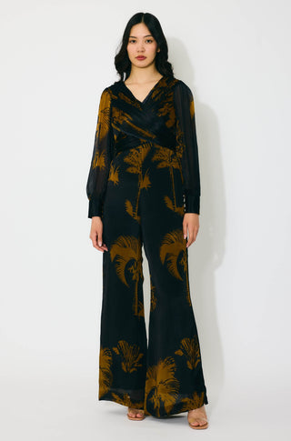 Black and gold floral wrap jumpsuit