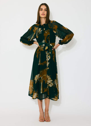 Dark green and mustard floral midi dress