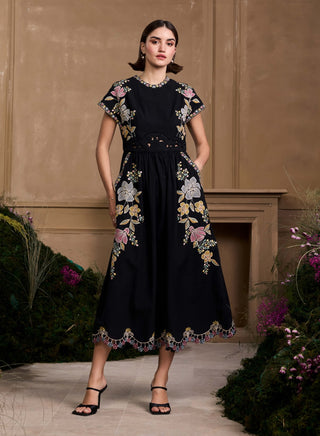 Black Floral Embroidered Midi Dress by Chandrima available on Indiaspopup