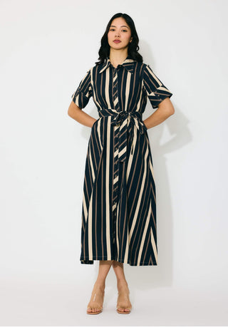 Dark blue and beige stripe shirt dress XS