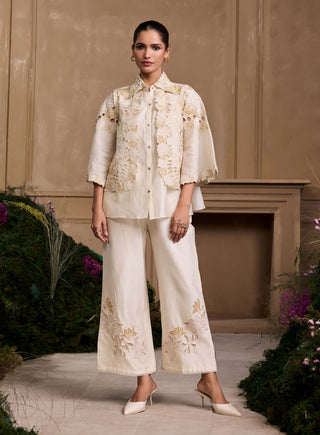 Ivory Metallic Cutwork Layered Shirt And Pants by Chandrima available on Indiaspopup