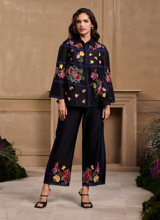 Black Floral Embroidered Panel Shirt And Pants by Chandrima available on Indiaspopup