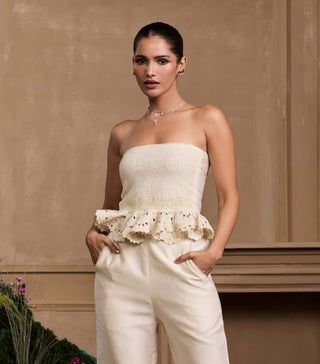 Ivory smocked ruffled bustier and jacket