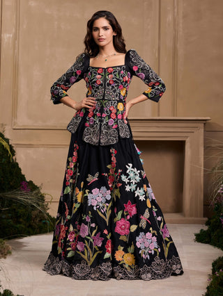 Black Floral Embroidered Panelled Jacket And Lehenga by Chandrima available on Indiaspopup