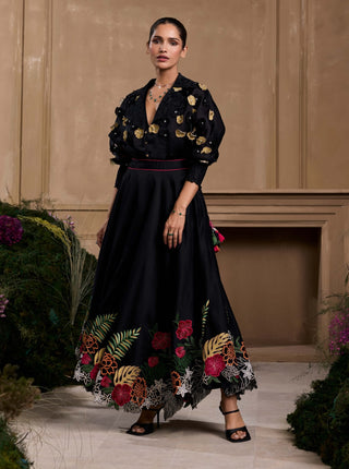 Black 3d floral kimono shirt and skirt