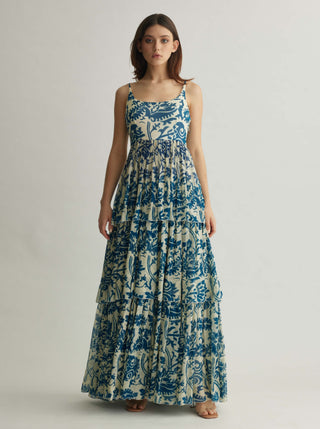 White blue floral long dress