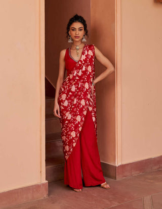 Chhavvi Aggarwal-Red Printed Pant Sari Set-INDIASPOPUP.COM