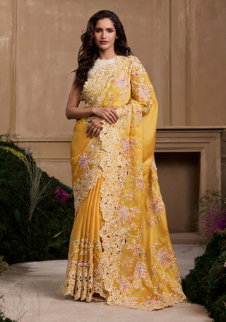 Ivory 3d rose applique top and yellow sari