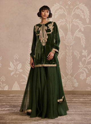 Military green velvet kurta and sharara set