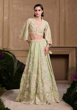 Mint Green Contrast Embroidered Bolero Jacket And Lehenga by Chandrima available on Indiaspopup