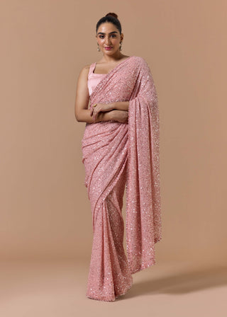Rose pink sequence sari set