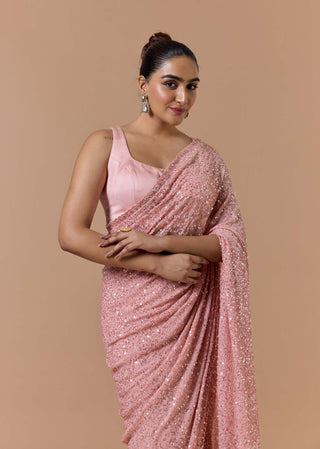 Rose pink sequence sari set