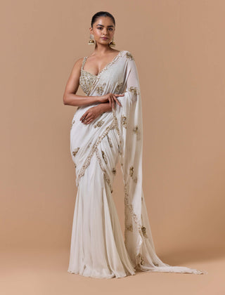 Cream shimmer draped sari set