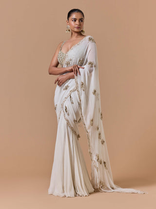 Cream shimmer draped sari set