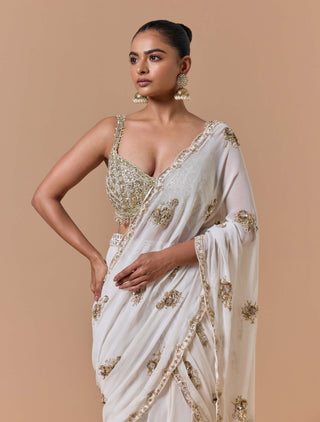 Cream shimmer draped sari set
