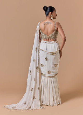 Cream shimmer draped sari set