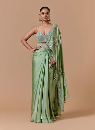 Jade green draped sari set