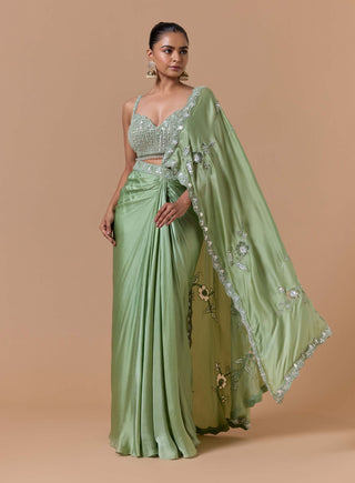 Jade green draped sari set