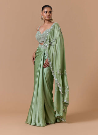 Jade green draped sari set