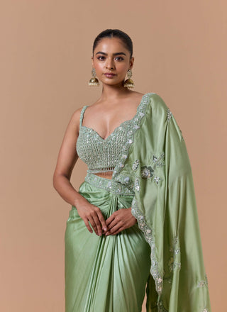 Jade green draped sari set