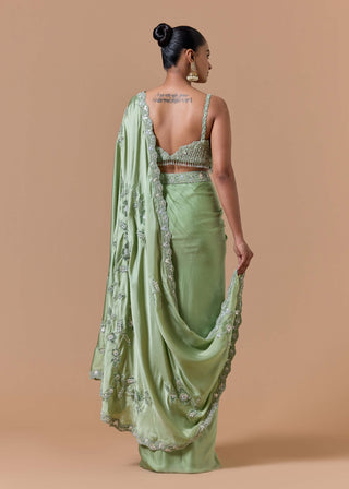 Jade green draped sari set