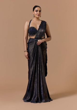 Navy blue satin shimmer draped sari set