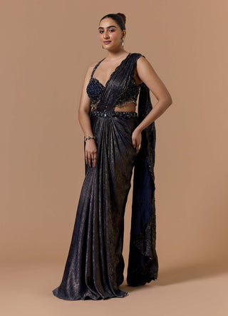Navy blue satin shimmer draped sari set