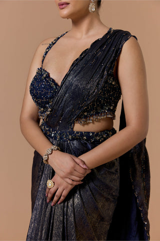 Navy blue satin shimmer draped sari set