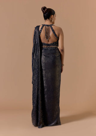 Navy blue satin shimmer draped sari set