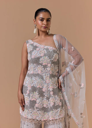 Muted gray net sharara set