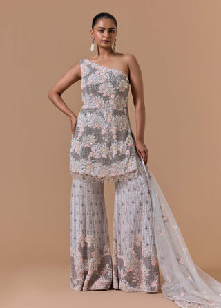 Muted gray net sharara set