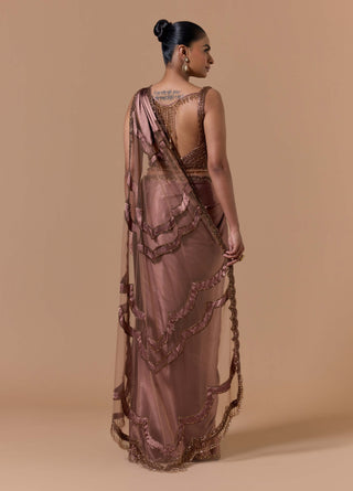 Copper crush satin draped sari set