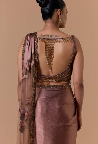 Copper crush satin draped sari set