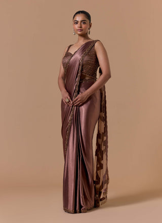 Copper crush satin draped sari set