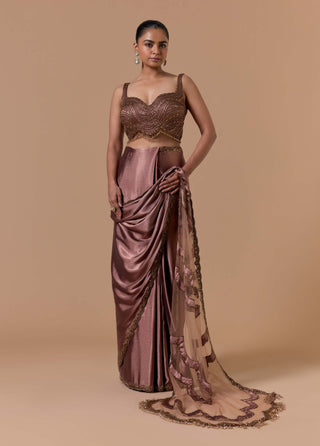 Copper crush satin draped sari set
