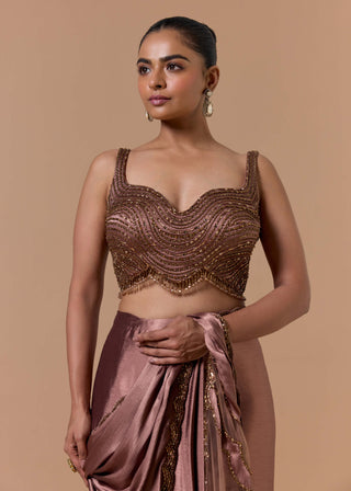Copper crush satin draped sari set