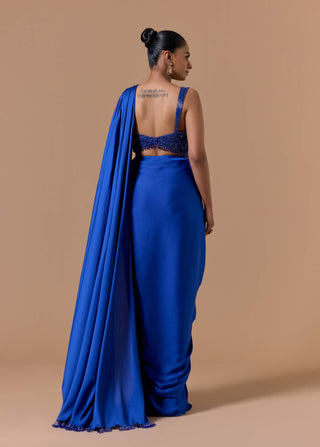 Royal blue draped sari set