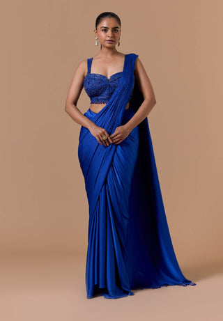 Royal blue draped sari set