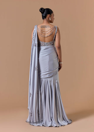 Gray draped gown sari set
