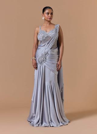 Gray draped gown sari set