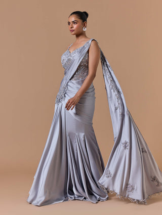 Gray draped gown sari set