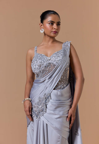 Gray draped gown sari set