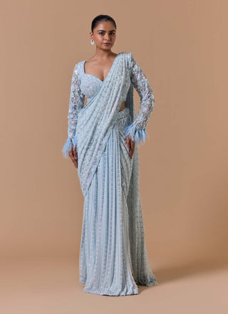 Powder blue pleated draped sari set