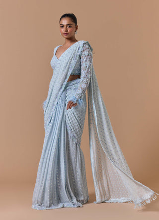 Powder blue pleated draped sari set
