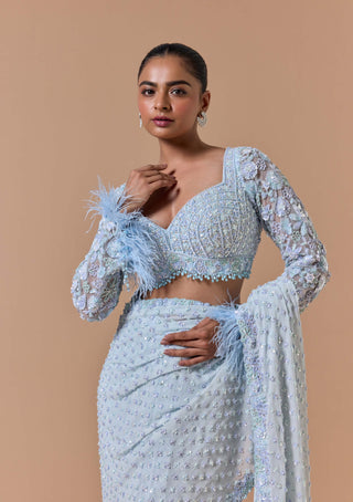 Powder blue pleated draped sari set