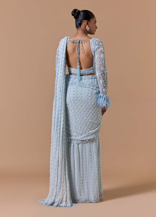 Powder blue pleated draped sari set