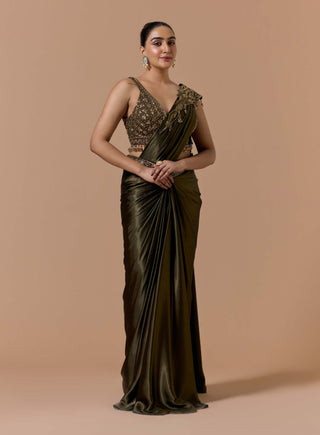 Olive green draped sari set