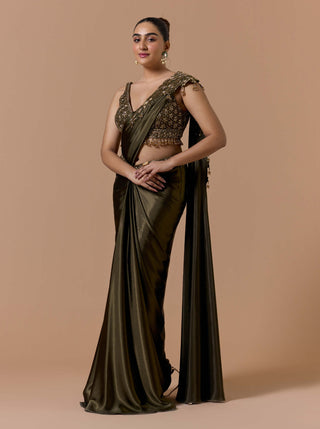 Olive green draped sari set