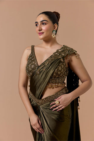 Olive green draped sari set