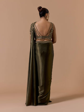 Olive green draped sari set